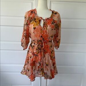 MINKPINK Orange Pleated Mini Dress with Bishop Sleeves sz small